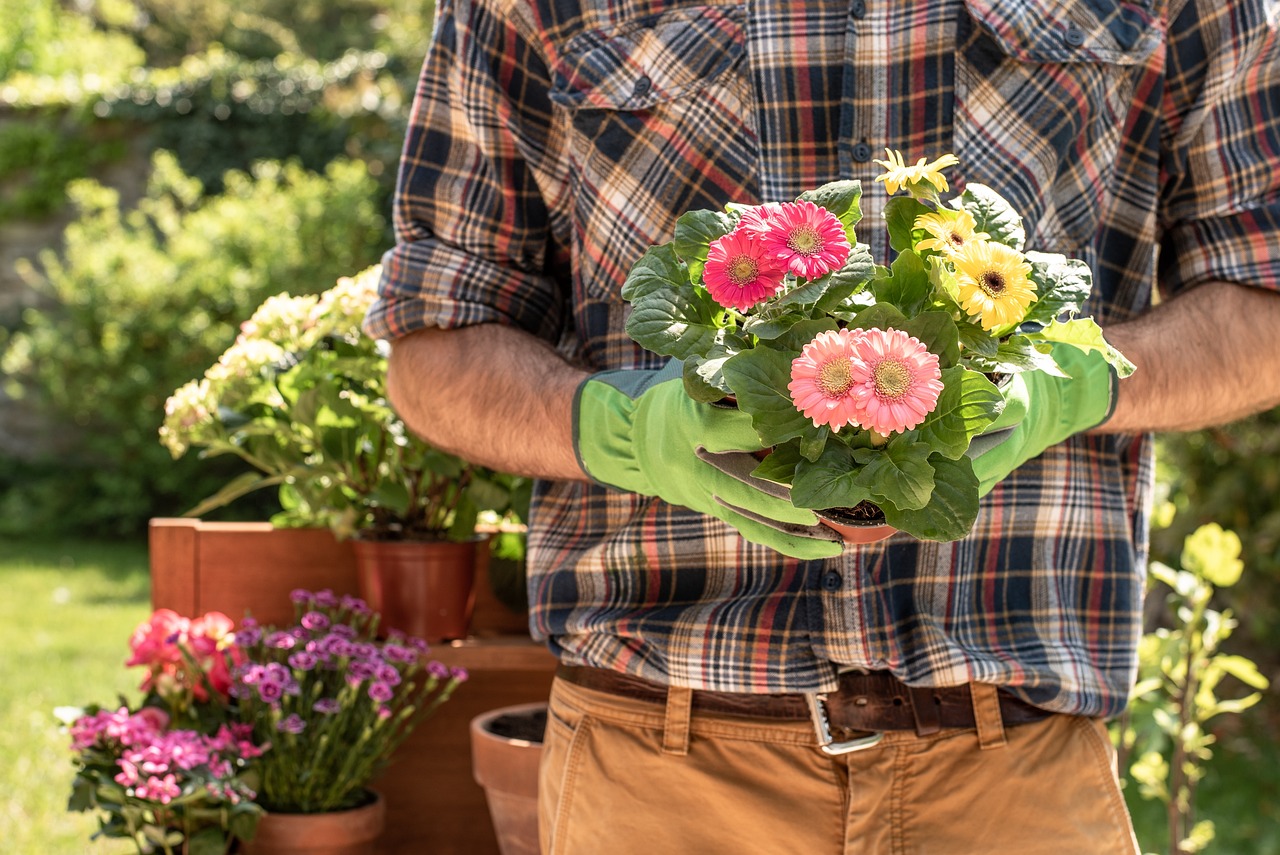 jardinier paysagiste pose avec une sélection de fleurs